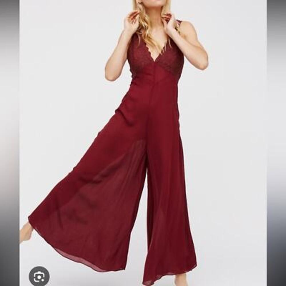 Free People Intimately Dahlia Wide Leg Wine Red Sheer Jumpsuit Plunge Large